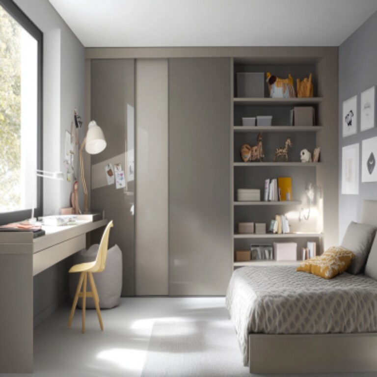 Modern Grey And Beige Kids Room Design With Glossy Sliding Wardrobe